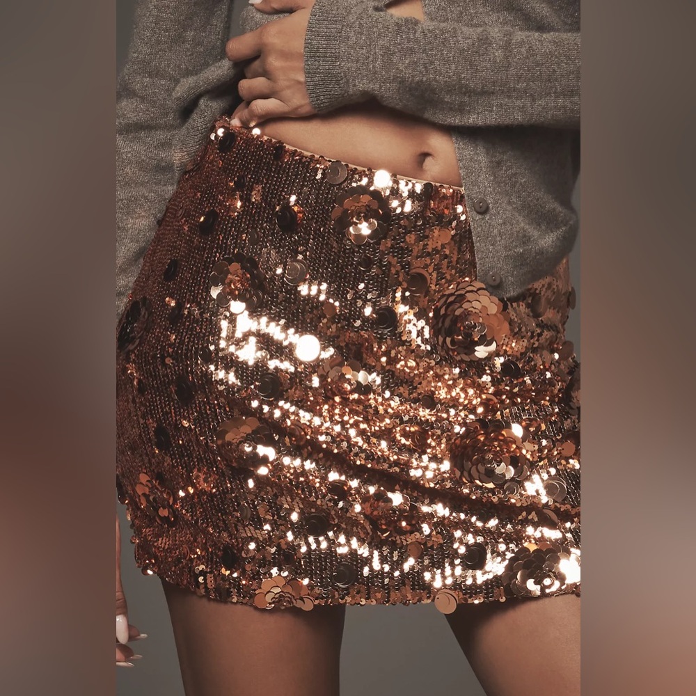 NWT! Anthropologie Bronze Metallic Endless Rose Sequin Mini Skirt - Size Large ⏰
